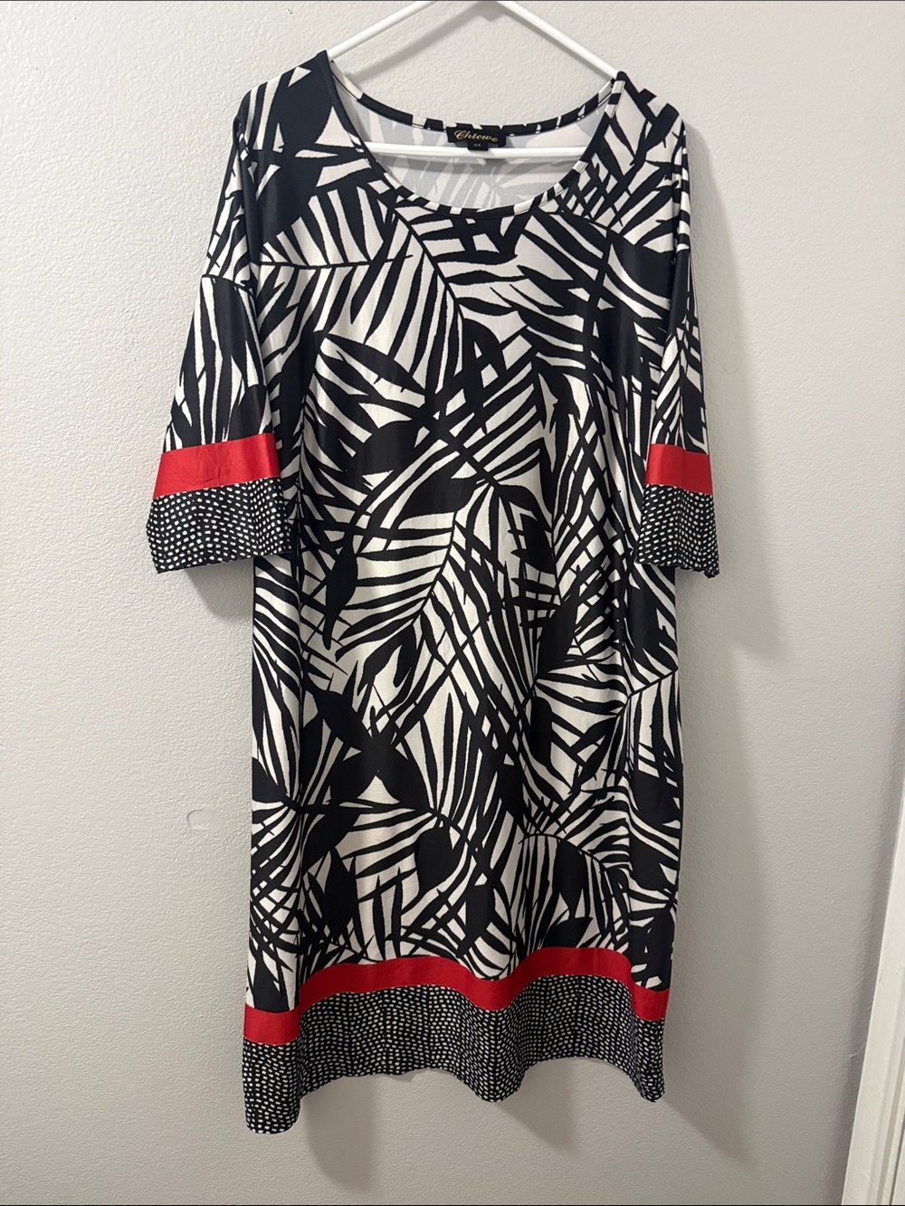 Black & White Palm Leaf Shift Dress with Red Trim
